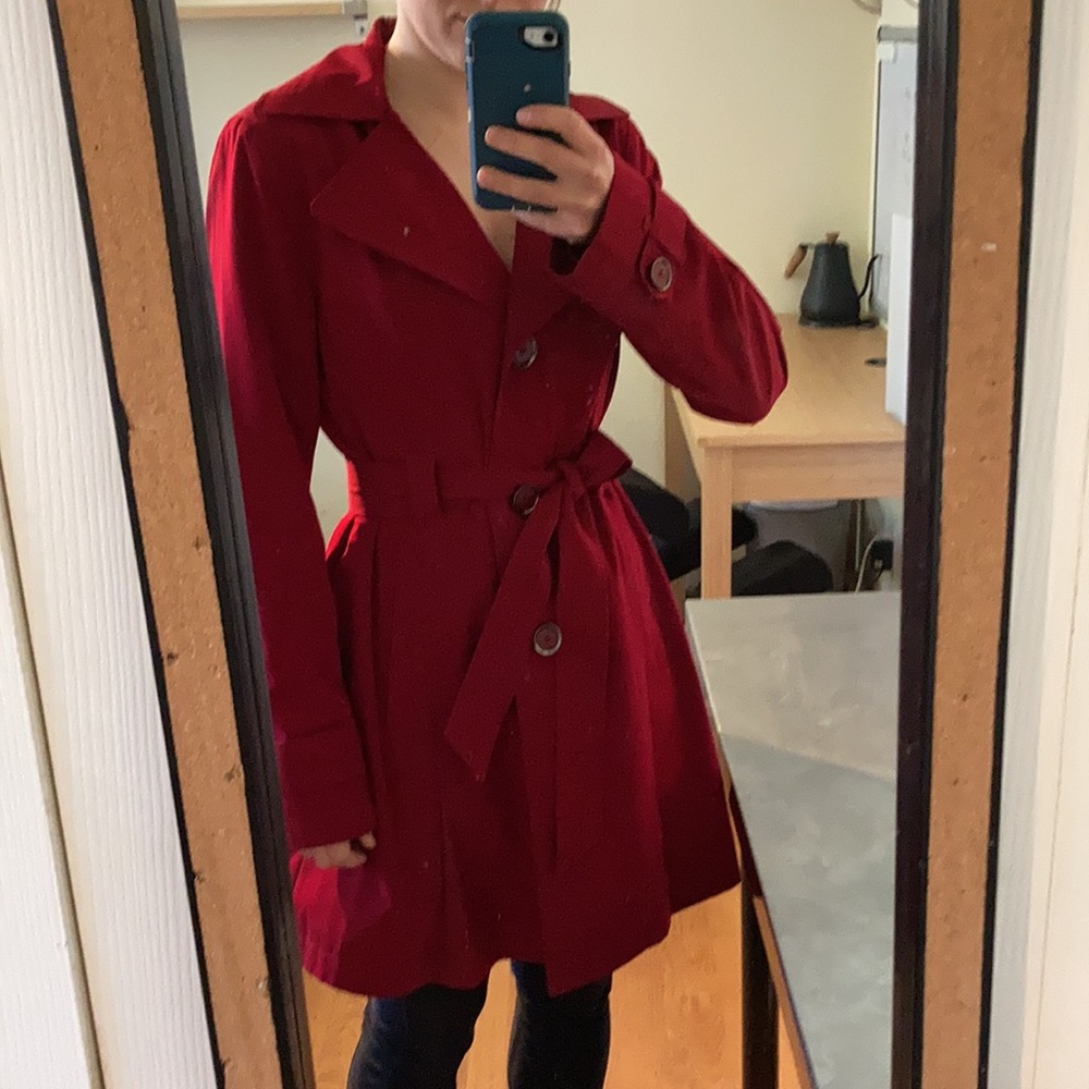 Red Hooded Button-up Trench Coat